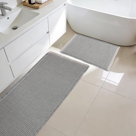 Lot de 2 grands tapis de bain texturés gaufrés, super absorbants, antidérapants, doux, lavables pour douche et baignoire (gris-blanc) (1/5)