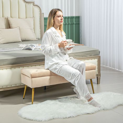 Établi de rangement en forme velours, 102 x 35 x 43 cm, repose-pieds rembourré avec motif touffé, cadre métallique, beige (1/4)