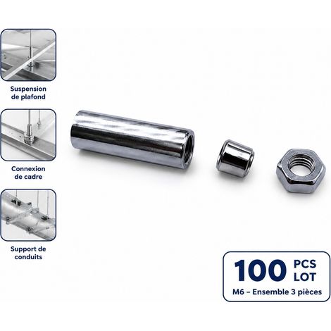 Tige Filetee M6 x 27 mm Acier Carbone - Tringle Suspension Plafond Ossature Metallique - 100 Kits Complet (1/5)