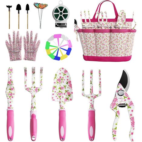 Set d'Outils de Jardinage pour Femmes, 26 PCS Outils de Jardinage de Style Floral avec Gants, Sac de Rangement, Décors de Papillons et étiquettes de Plantation Colorées Inclus (1/5)