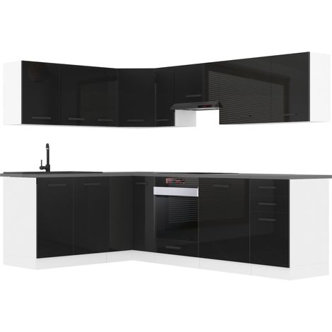 Belini Cuisine Equipee Complete Janet Muebles de Cuisine Complets. L-Forme Cuisine. Cuisine Complete sans Plan de Travail, Noir très Brillant (1/3)