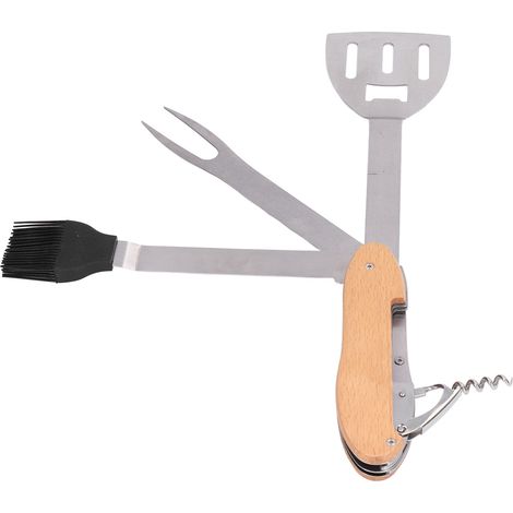 Lot multifonction BBQ 5-en-1 pliable portable : spatule, brosse, fourchette, décapsuleur, acier inoxydable.