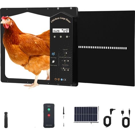 Abridor automático de puerta para gallinero, alimentado por energía solar, con función de temporizador, color negro. (1/2)