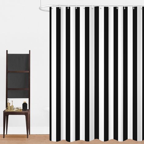 Rideau de Douche, 165x180cm, Noir et Blanc Minimalisme Moderne Rayures Verticales Tissu Pmperméable Machine Lavable Rideau de Salle de Bain avec Crochets (1/5)