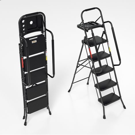 Randaco Escalera plegable de 5 peldaños con pedal antideslizante y reposabrazos extraíbles de acero hasta 150 kg.