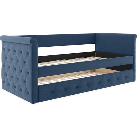Letto singolo con letto estraibile capitonné  2 x 90 x 190 cm in tessuto blu - LOUISE