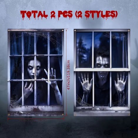 Décorations d'Halloween pour fenêtres : rideaux, guirlandes, fanions pour une fête d'Halloween en extérieur (2 pièces) - 80 x 120 cm - NG-25