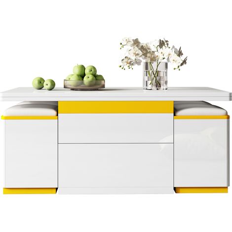 Gain de place au salon, table basse avec rangement et 4 tabourets, plateau relevable et pliable, blanc jaune (1/5)