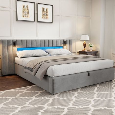 Lit capitonné - GUTENT - 180x200 cm - avec port USB - cadre avec éclairage LED - sans matelas (1/5)