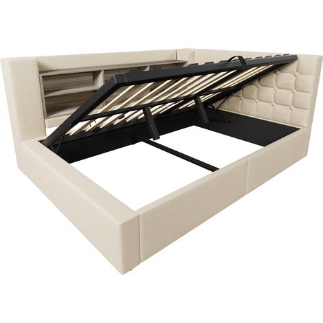 Lit coffre rembourré 140x200 cm beige avec LED, tête de lit en L, rangement hydraulique et ports USB (1/5)