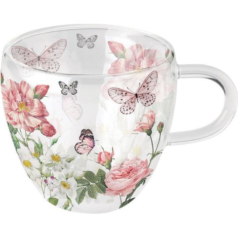 Tasse à thé en verre double paroi papillons et fleurs Roses