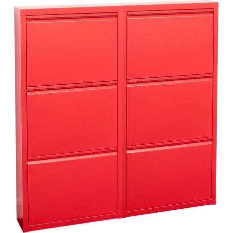 Pisa Schuhschrank mit 6 Klappen/Türen in Metall rot. Fertig montiert geliefert.