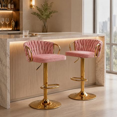 Taburete de bar regulable giratorio 360° en terciopelo rosa HAVRYA (1/5)
