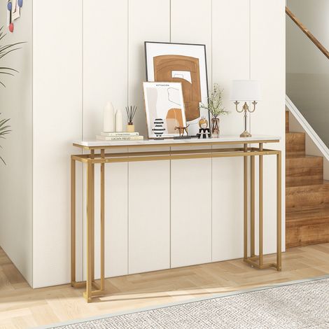 Table console d'entrée au cadre doré en faux marbre avec structure métallique robuste et kit anti-basculement pour salon et couloir (1/5)