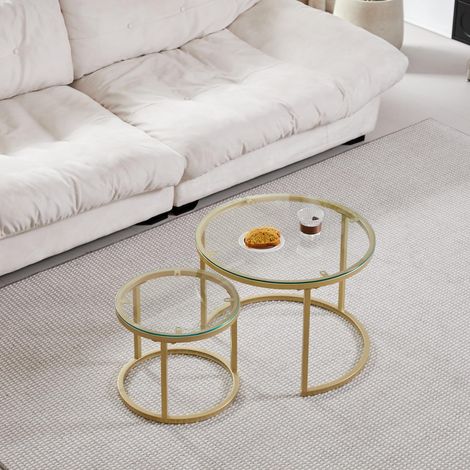 Lot de 2 Tables Basses empilables, Rondes, Plateau en Verre trempé, Pieds en métal doré, Convient pour Salon, Salle à Manger, café (diamètre 60 x 45 cm, diamètre 40 x 35 cm) (1/5)