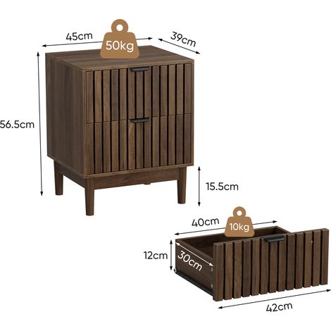 Table de chevet noyer 45 x 39 x 56,5 cm. Style médiéval, base à lattes bois avec deux tiroirs, multi-usage intérieur (1/5)