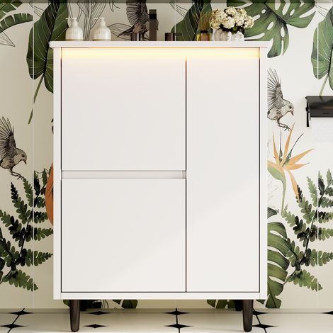 Meuble salle de bain sur pied 61cm blanc avec vasque céramique - meuble sous vasque 2 tiroirs 1 porte laqué - scandinave (1/5)