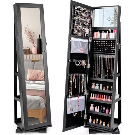 GOPLUS Armoire à Bijoux avec Miroir Plein Longueur,avec étagère de Rangement&Serrure, Organisateur Chambre Pivotante à 360°,Noir