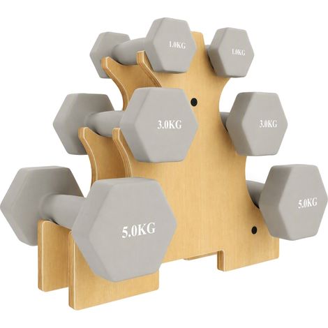 Set d'haltères 3 paires 1 kg 3 kg 5 kg haltères courts avec support en bois, poignée antidérapante, hexagonale en fonte gris clair (1/4)