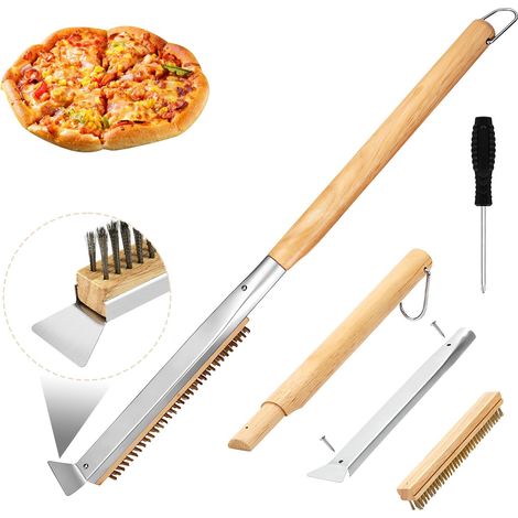 Brosse Barbecue 2-en-1 Four avec Grattoir, 53cm, Pelle a Pizza Manche en bois four pizza, grill gaz pierre à pizza grattoir acier résidus tenaces poils laiton, doux pour surfaces (1/5)