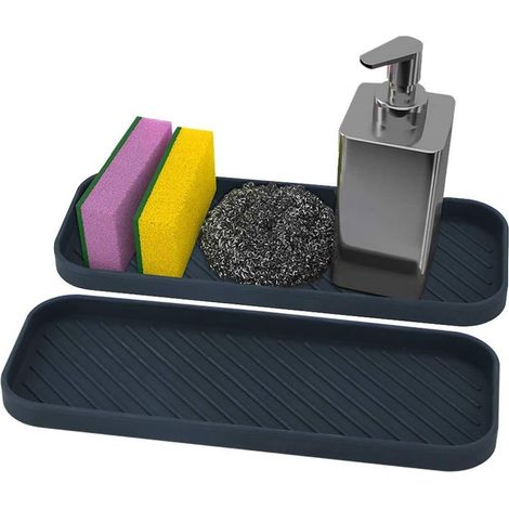 Porte éponge Silicone Lot de 2 Organisateur d'évier en Silicone Porte Savon Antidérapant Plateau d'organisation de la Cuisine pour Savons, éponges, Brosses (Noir) (1/5)