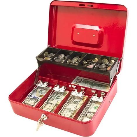 Coffre-fort verrouillable avec cadenas, boîte à monnaie avec plateau, coffre-fort à clé, organiseur d'économies, 30 x 24 x 9 cm, rouge, très grand (1/3)