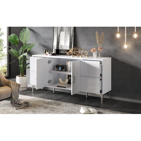 1503859,5 cm. Meuble de salon avec 4 tiroirs et 2 portes. Meuble de cuisine. Meuble en acier poli. Un meuble à tiroirs sans pieds métalliques. Tiroirs larges, sans poignées. Couleur blanche, en MDF.