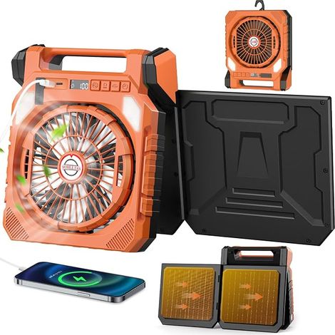 Ventilatore da campeggio, ventilatore solare con batteria ricaricabile da 20000 mAh, 2 pannelli solari, luce LED, torcia, testa oscillante, display digitale, timer per pesca, escursionismo, viaggi (1/5)