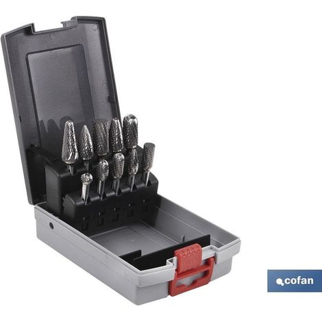 COFAN estuche fresas rotativas 10 uds. , Juego estuche surtido de 10 fresas rotativas de diferentes formas y diámetros