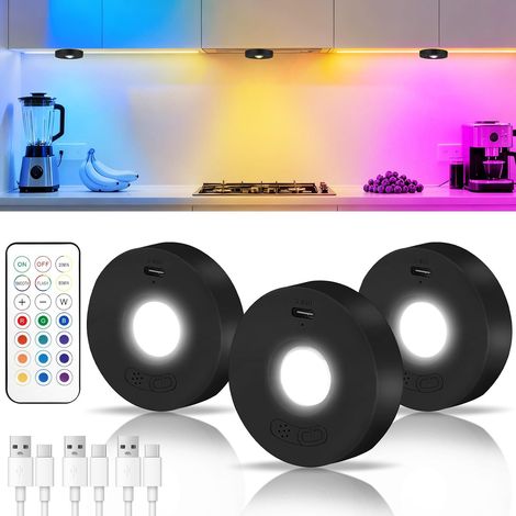 Lot de 3 Spots LED RGB Rechargeables avec Télécommande - Éclairage Sans Fil Sous Placard, Armoire et Vitrine avec Minuterie (1/5)