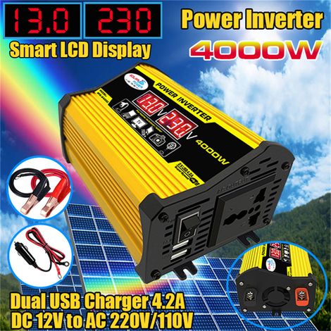 Inverter portatile per auto, convertitore CC/CA, 4000 W, onda sinusoidale modificata, doppio display a LED, USB, per auto (1/5)