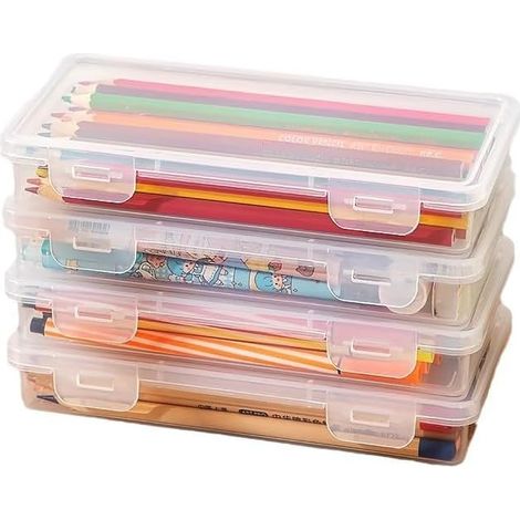 Lot de 4 Boîtes à Crayons Empilables Transparentes, Rangement Crayon de Couleur avec Couvercle Imperméable, Pour papeterie, Crayons Aquarelle, Pinceaux et Outils de Dessin