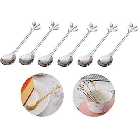 Cuillère à café,Cuillère à Dessert en Acier inoxydable,Cuillère à café cadeau,cuillère à dessert design branche,pour thé,lait,6pcs (1/4)