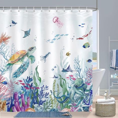 Duschvorhang aus Polyester, 180 × 180 cm, buntes Schildkröten- und Oktopus-Ozeanmotiv, wasserdicht, schimmelresistent, waschbar, mit 12 Haken (1/5)