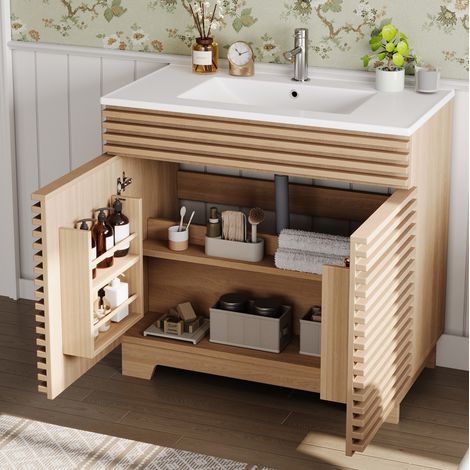 Mueble de baño con lavabo de cerámica y MDF natural 91x46x80 cm, de pie con 2 puertas y cierre suave (1/5)