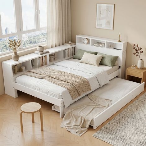 Lit simple enfant 120 x 200 cm avec rangements intégrés- éclairage LED- dimensions totales 217 x 146-5 x 80 cm- design moderne- en bois- Blanc