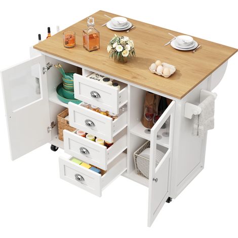 Kücheninsel,Küchenschrank,Buffetschrank,120x73(45)x93cm,ausziehbarer Küchenwagen mit Rollen, Handtuchhalter, Gewürzregal, verstellbaren Einlegeböden, zwei Türen, vier Schubladen, weiß/schwarz