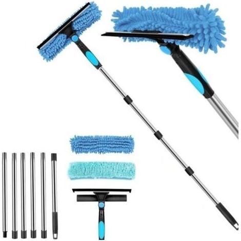 (Blu)2-in-1 Professional Seccatoio Finestra Kit per la Pulizia di Finestra con 2 Panni di pulizia in Microfibra e Manico Telescopico Lavare le finestre (1/5)