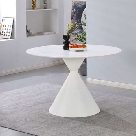 Tavolo Rotondo Taini Ø120 cm in Ceramica Effetto Marmo Bianco con Base Conica in Metallo (1/4)