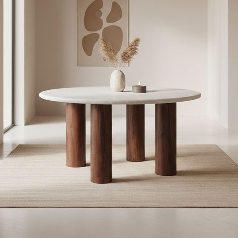Table repas ronde 150x78 cm décor béton beige et pieds effet noyer