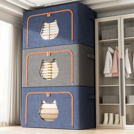 Transparente Aufbewahrungsbox aus kationischem Stoff mit Tierkopfmuster, stabilem Stahlrahmen, faltbar und multifunktional – ideal fürs Studentenzimmer, grau – Katze (1/4)