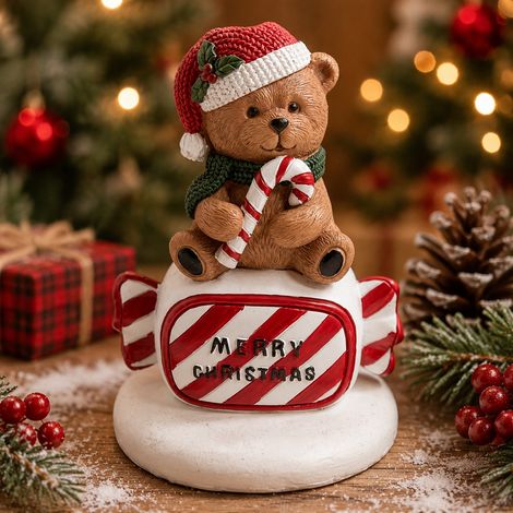 Figurine Ourson de Noël en Résine sur Bonbon, Décoration de Table Festive, Ornement pour Vitrine et Scène de Noël (1/5)