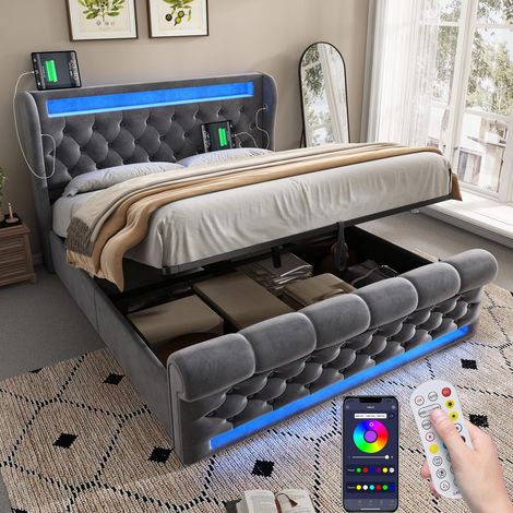Lit 160x200 avec Sommier LED et USB C, Lit Coffre 160x200 avec Rangement et Tete, Double avec à Lattes 2 Personnes, Rembourré Cadre de(sans Matelas) (1/5)