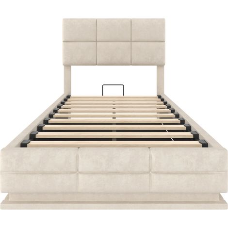 Cama tapizada 90x200 cm en terciopelo beige con cabecero regulable, LED, USB y arcón (1/5)