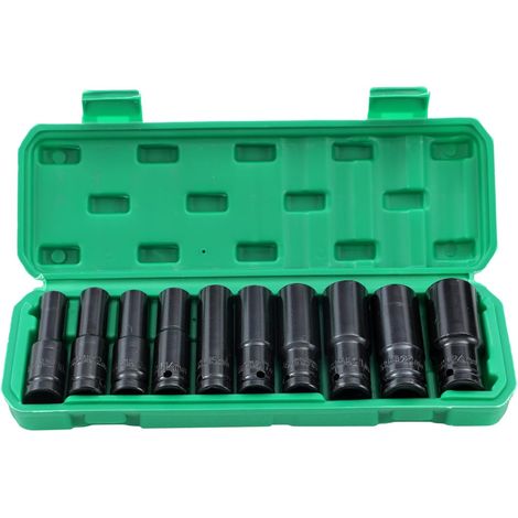 1/2" Jeu de Douilles Profondes Impact 10 Pièces 8mm-24mm Métrique Clé Jeu de Douilles à Chocs Profondes, Outil de Réparation de Moteurs Tracteurs Camions (Budget)