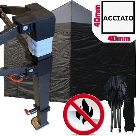 Gazebo 3x3m nero certificato IGNIFUGO pieghevole portatile estendibile richiudibile estensibile acciaio con laterali per fiere eventi stand chiosco tenda tendone mercato mercatino (1/5)