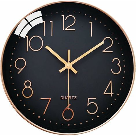 Horloge murale silencieuse 30 cm – Cadran noir avec chiffres arabes en or rose – Pointeurs en métal et couvercle en verre – Pour salon, chambre, cuisine, bureau (1/5)