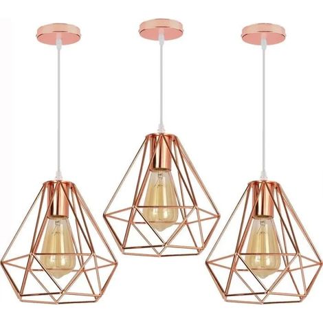 U-Do 3Pcs Lustre Suspension illuminé design Vintage Lampe Cage forme Diamant en Métal Or Rose E27 20CM décoration Chambre Salon (1/4)