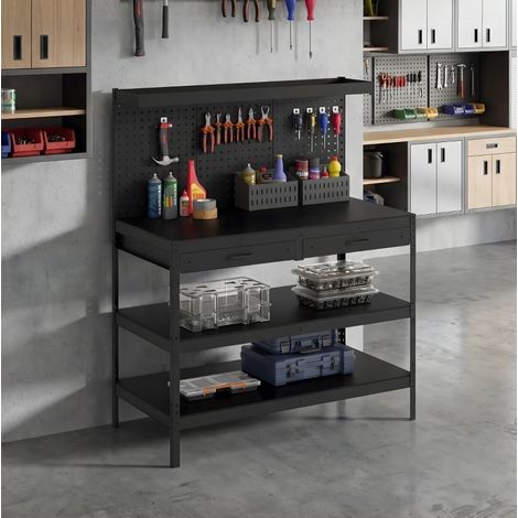 Banco da lavoro OKMYHOME con pannello forato, 2 cassetti e ripiani regolabili, 122 x 61 x 156 cm (1/5)