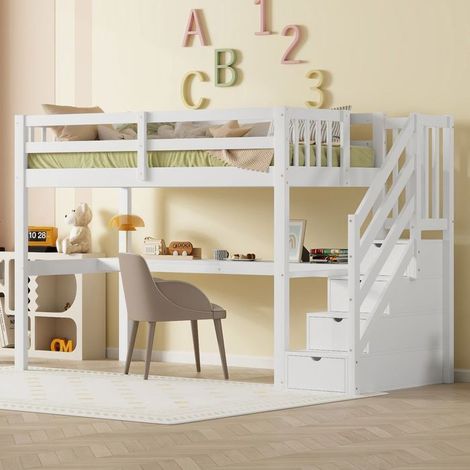 Lit mezzanine enfant - SOGEU - 90 x 200 - Bureau intégré - 4 compartiments - Pin blanc (1/5)